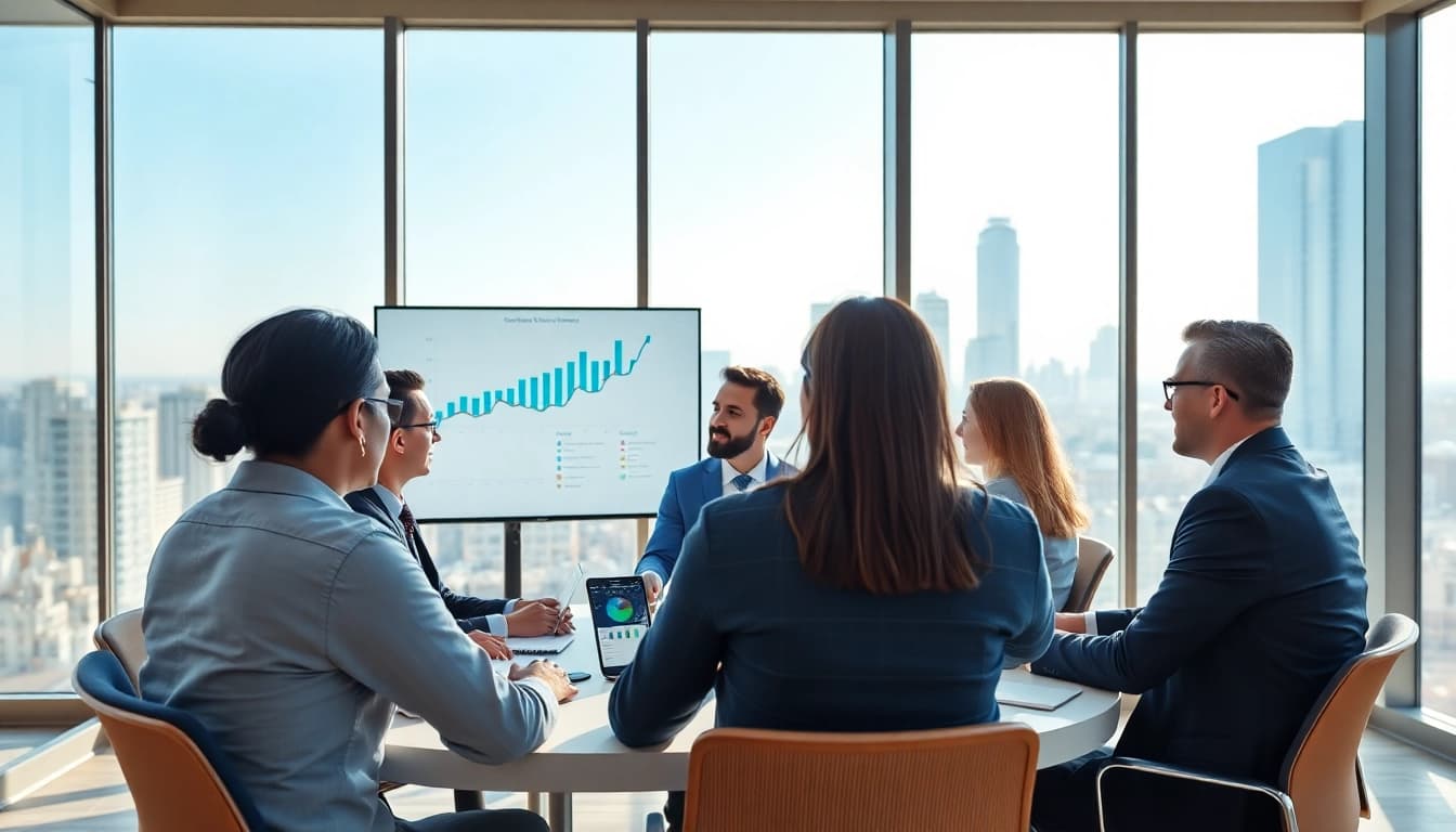 Discussing growth strategy trends in a vibrant office environment during a team meeting.