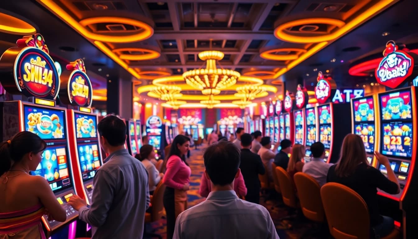 Menangkan hadiah di mesin slot ibet44 slot dengan pemain bersemangat dan suasana casino yang ceria.