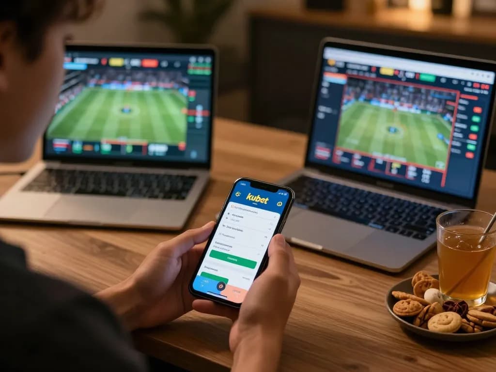 Engaging moment of a player using kubet app for live sports betting on smartphone.