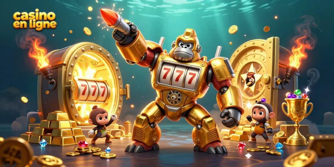 Jeux de casino en ligne créatifs avec un gorille doré mech transformateur et trésors éclatants.