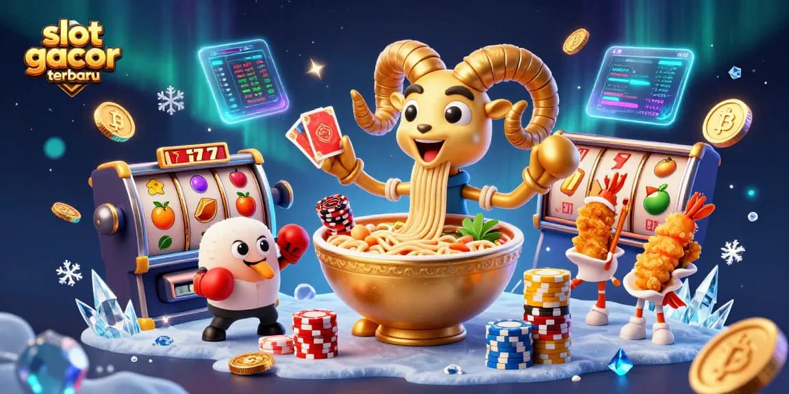 Engage with slot gacor terbaru magic through a dynamic scene of a giant ramen bowl and casino elements.