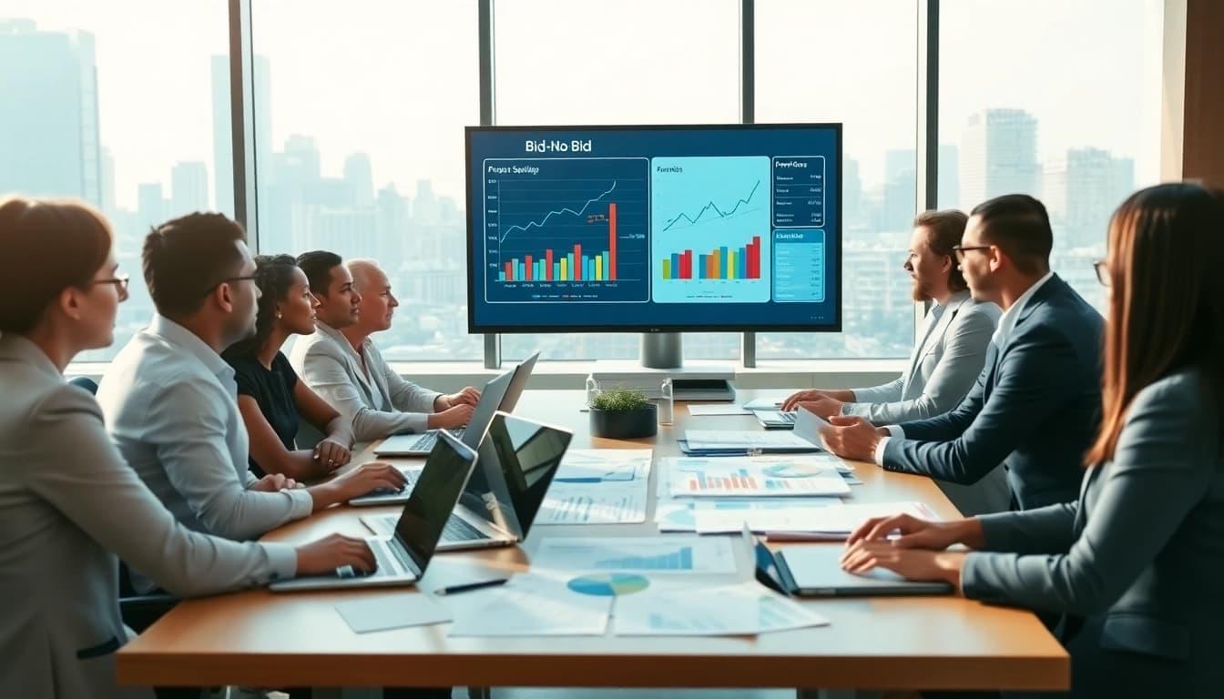 Engaging team analyzing Bid-No-Bid Analysis data during a meeting.