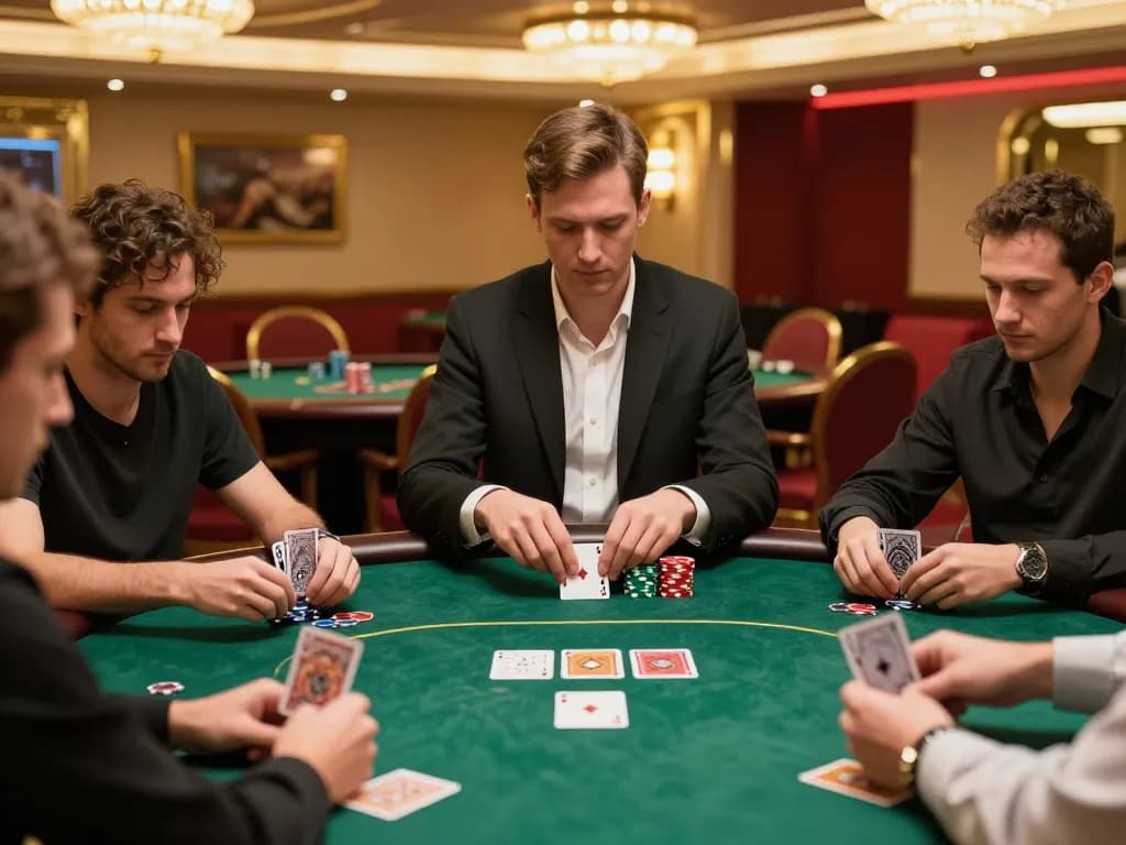 Players strategizing at a poker table in a glamorous casino, enhancing the sc8885 experience with thrilling gameplay.