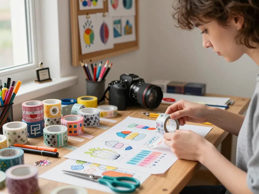 Creative workspace with custom washi tape designs and vibrant art supplies.