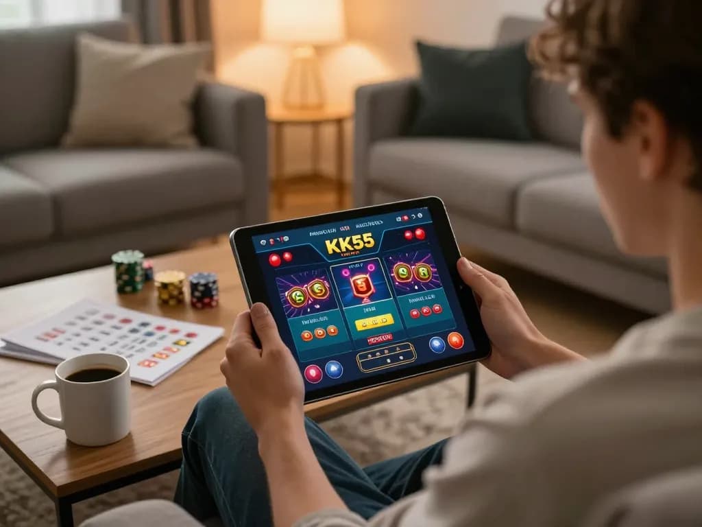 Person engaging in online gaming with the KK55 app, showcasing a comfortable home gambling experience.