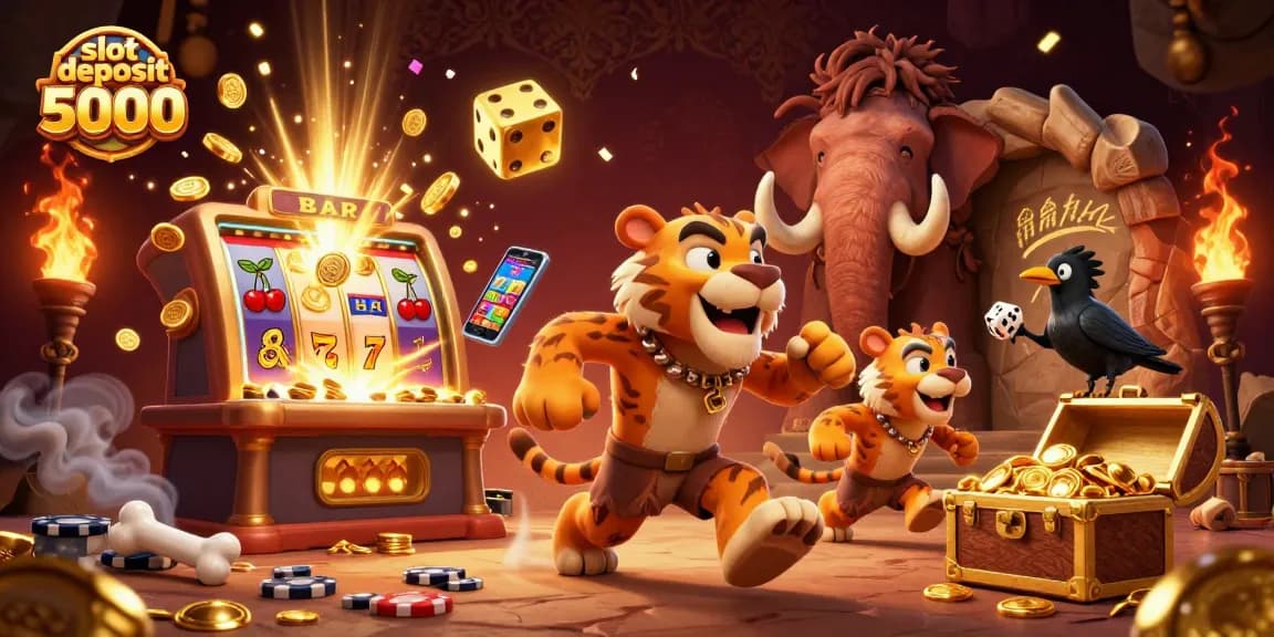 Spin and win with slot deposit 5000 at a dynamic prehistoric casino with vibrant slot machines.