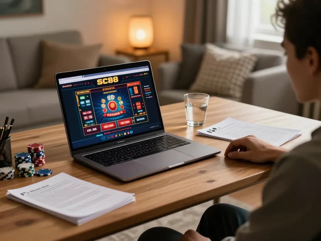 SC88 online gaming setup with a laptop screen showing casino games and chips placed actively.