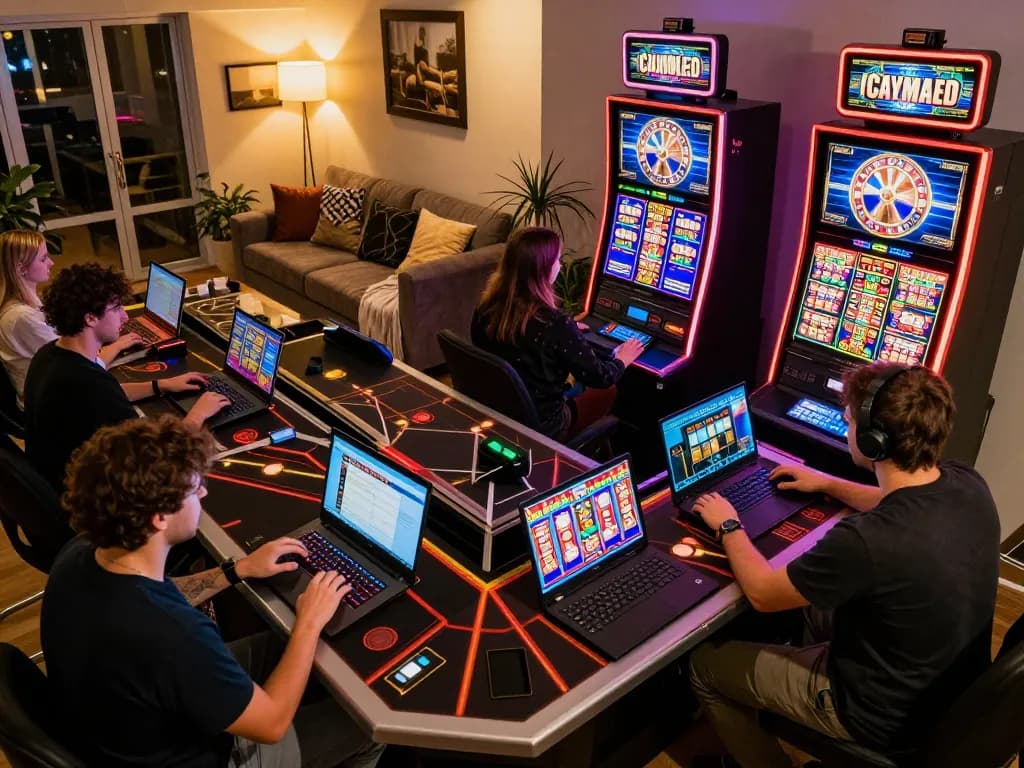 Players enjoying their online gaming experience with SC88 at home, displaying vibrant slot machines and roulette
