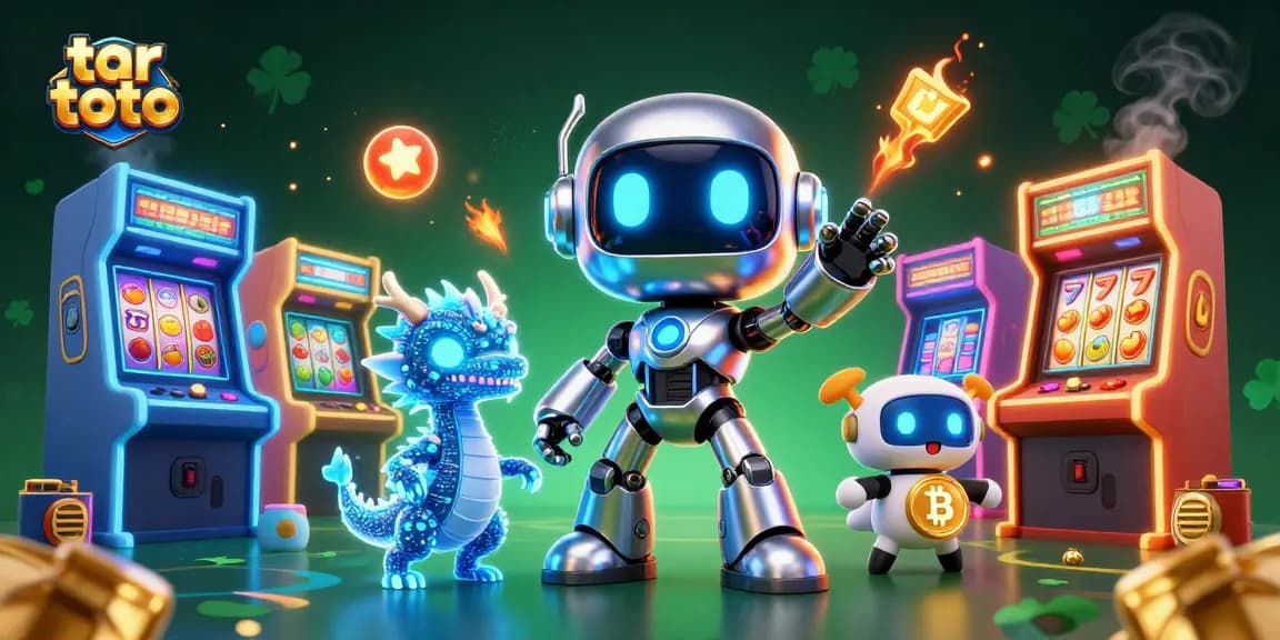 Experience high-stakes gaming with tar toto, featuring a cyberpunk robot and arcade games in a dynamic scene.