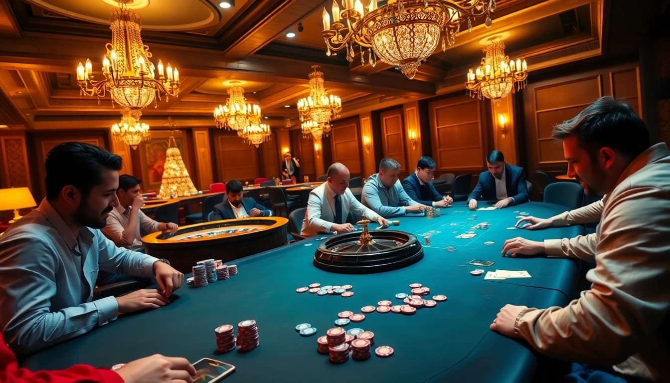 Engaged players at a luxury casino table celebrating wins with the fly88 code.