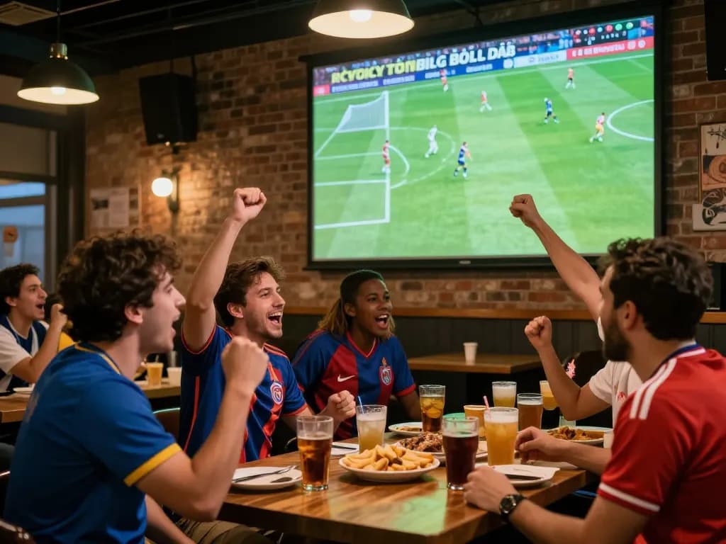 Fans cheering during Trực Tiếp Bóng Đá match in a lively sports bar atmosphere, vibrant engagement and excitement visible