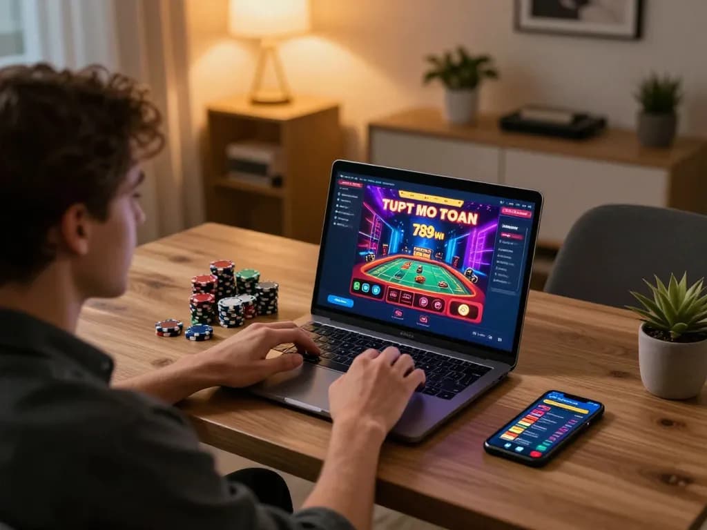 Engaging with the thrilling 789win online casino interface on a stylish home office setup