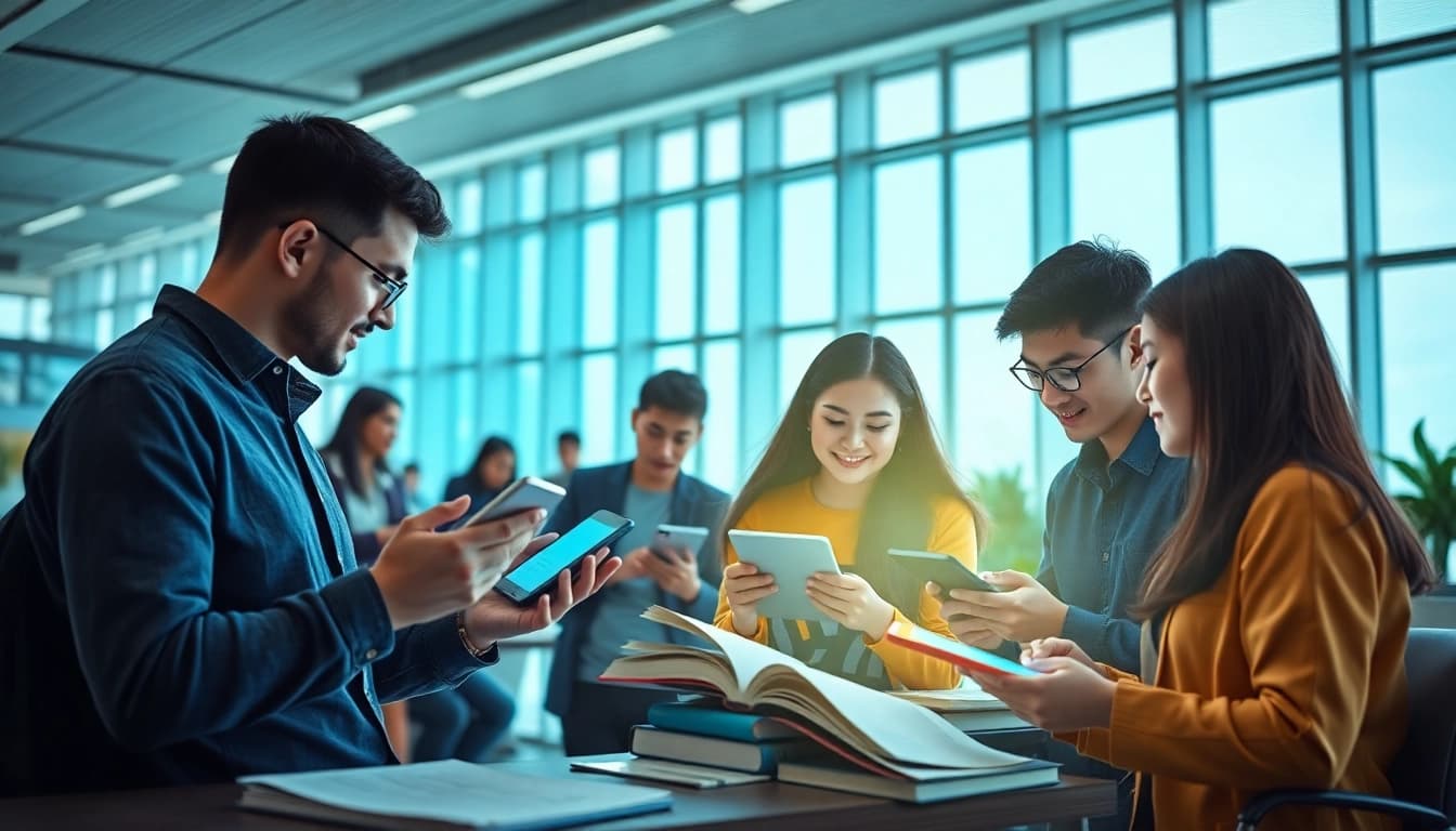 Youdao digital learning environment showcasing diverse students engaging with modern technology.