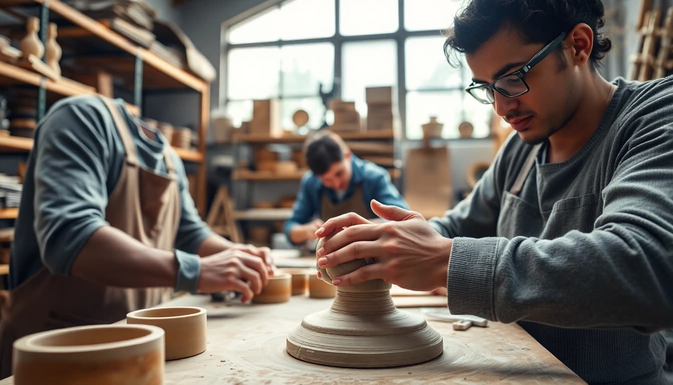Craft training programs showcase artisans working with various materials in a vibrant workshop.