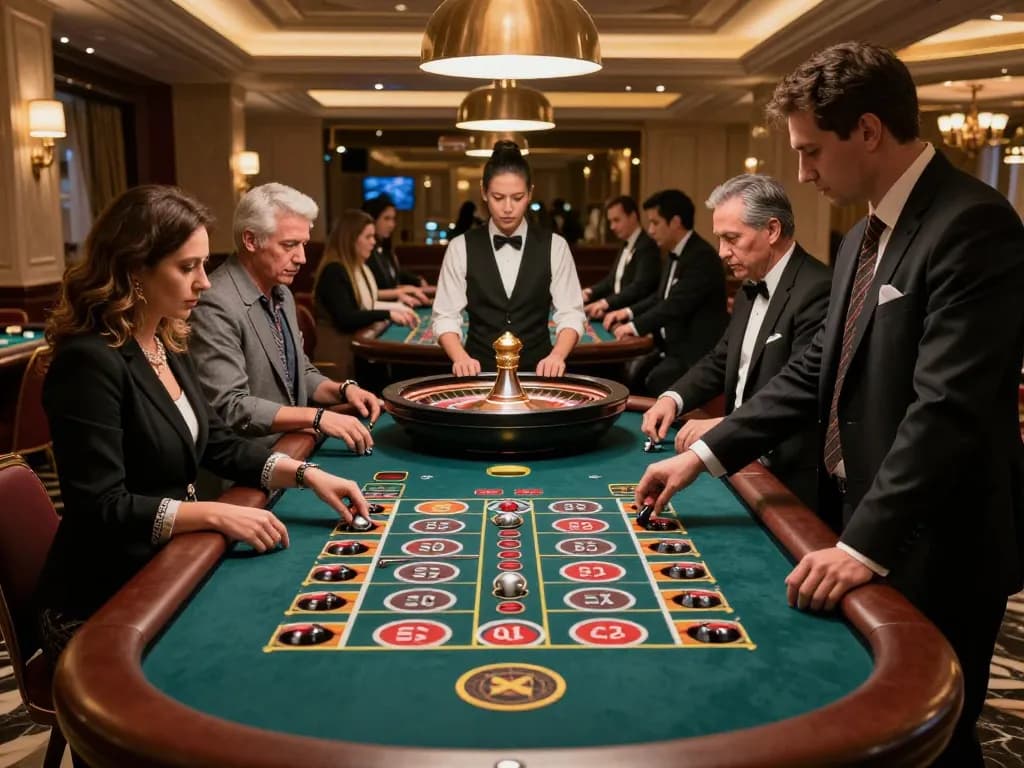 Engaged players placing bets at TG88 roulette tables in a luxurious casino environment