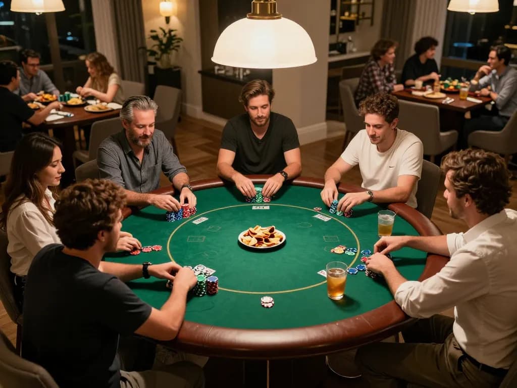 Players at a home poker night strategizing their mau777 login game with vibrant chips and drinks.