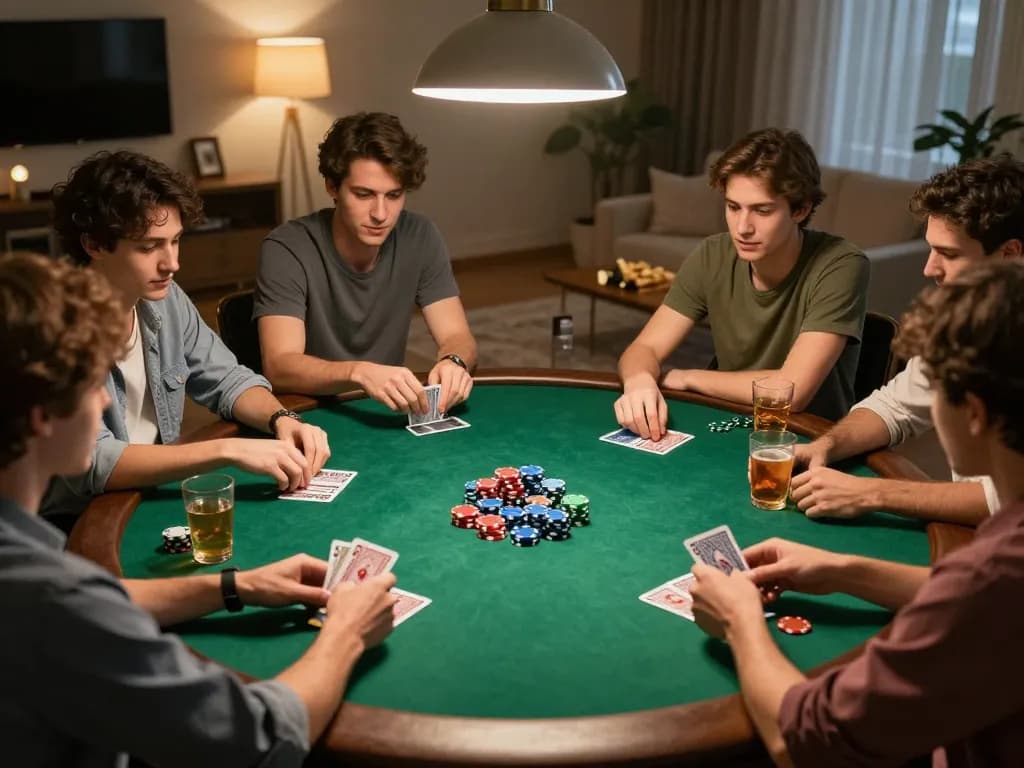 Friends enjoying poker night at home while playing hitclubapk for an exciting gambling experience