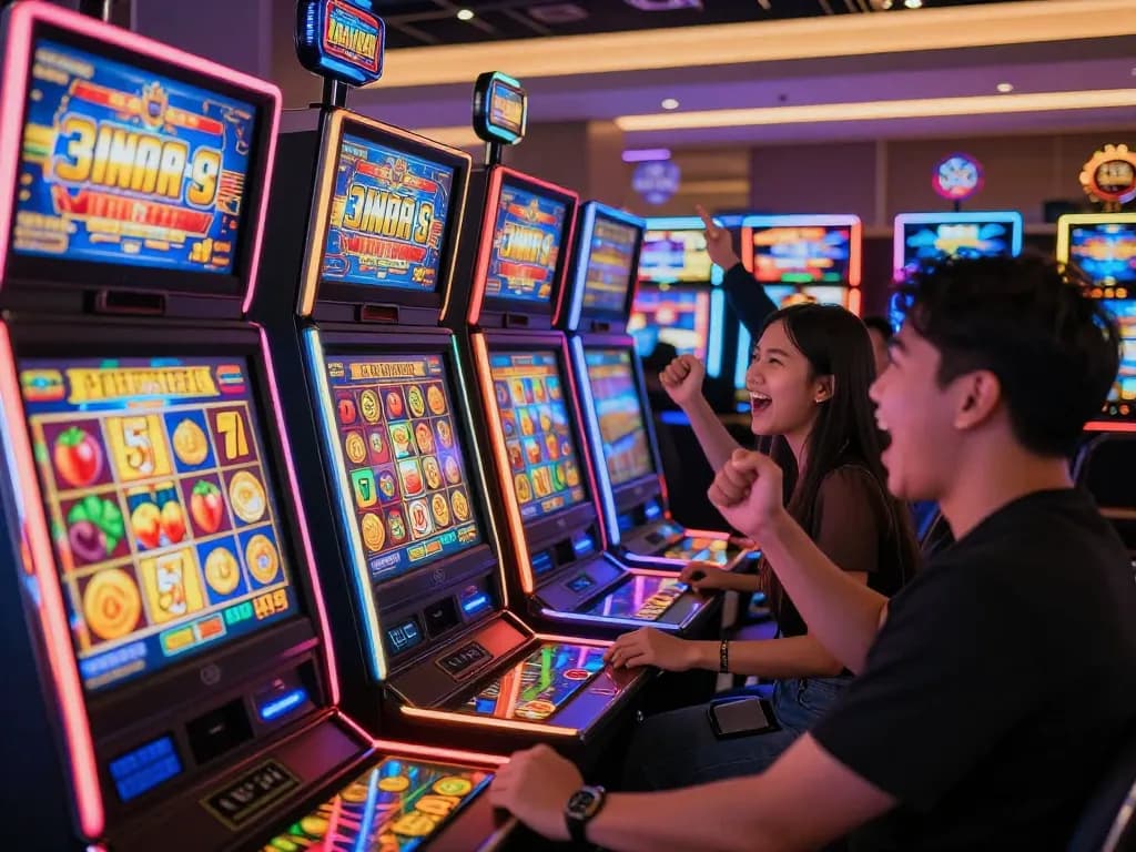 Enjoy the excitement of slot gacor hari ini in a lively casino setting with friends celebrating a jackpot win.