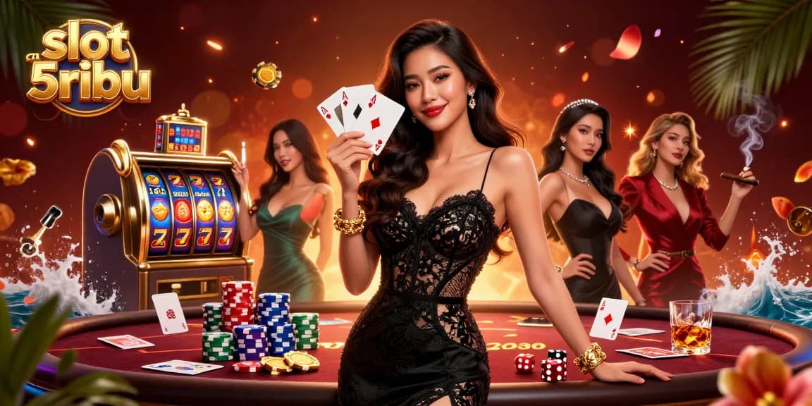 Experience thrilling wins at slot deposit 5ribu with our luxurious casino scene, featuring vibrant slot reels and poker elements.