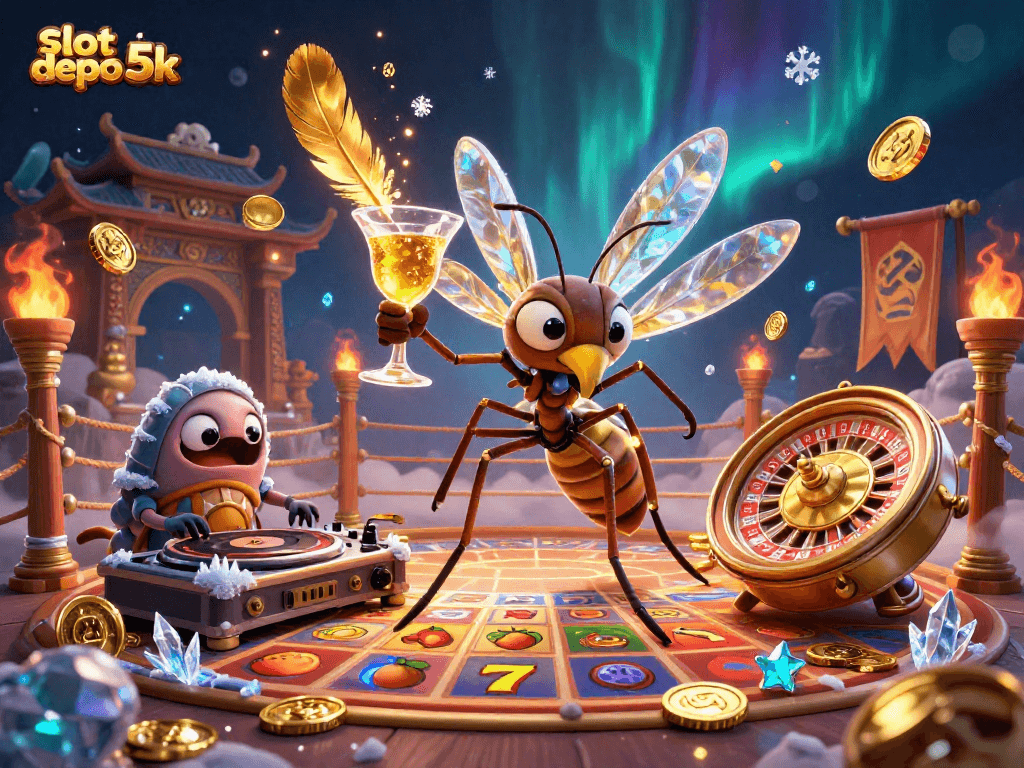 Spin to win with slot depo 5k, featuring vibrant casino characters in action-packed 3D illustration.