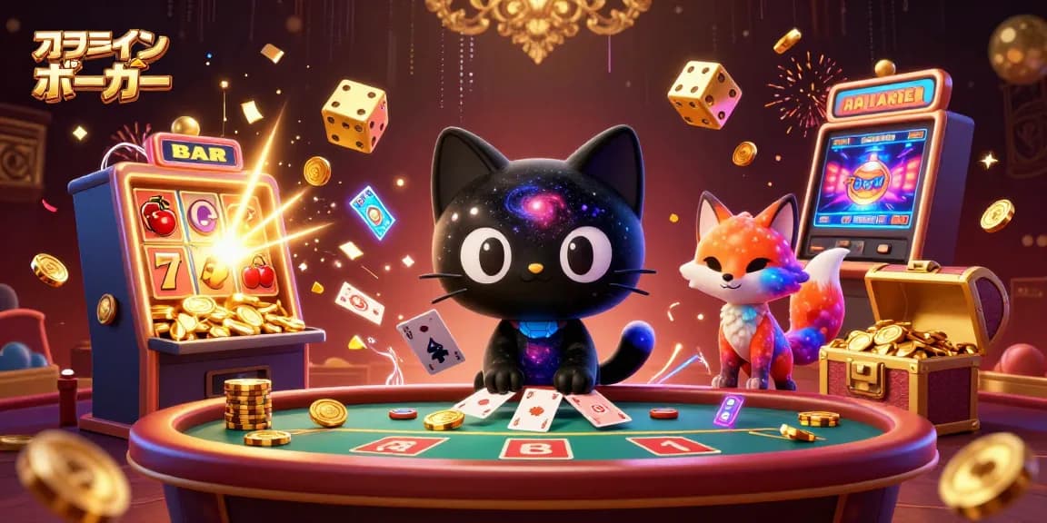 オンラインポーカーの魅力を引き出す、カジノテーブルで遊ぶ黒い穴の猫とネビュラフォックスのイラスト