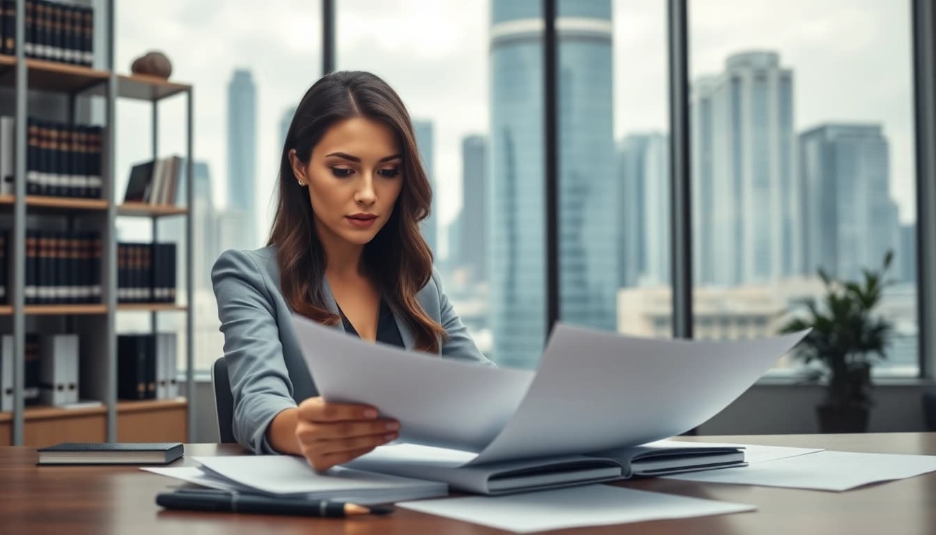 Engaged in contract management analysis, a businesswoman reviews documents in a modern office setting.