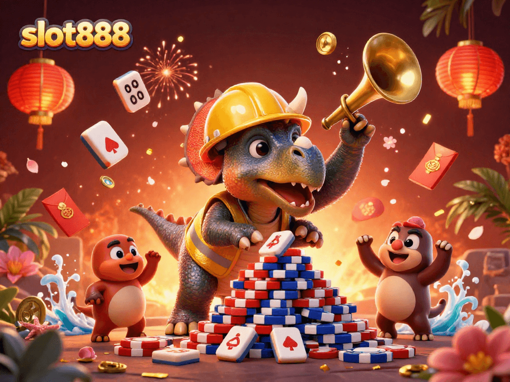 Permainan slot888 yang seru dalam ilustrasi 3D, menampilkan keberuntungan dan kegembiraan perjudian.