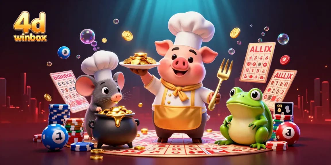 Engage with the thrill of 4D winbox as a chef pig serves gold coins in a vibrant lottery scene.