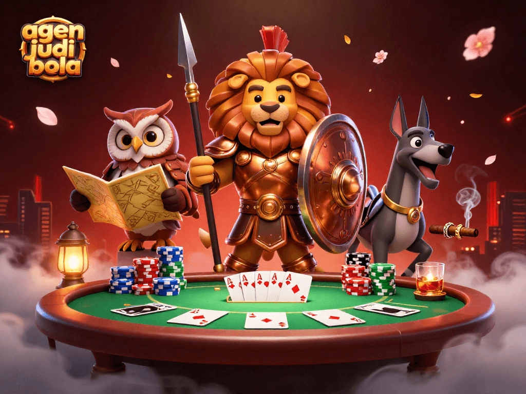 Engage in agen judi bola strategies with a Spartan lion, owl strategist, and greyhound messenger in an intense gaming scene.