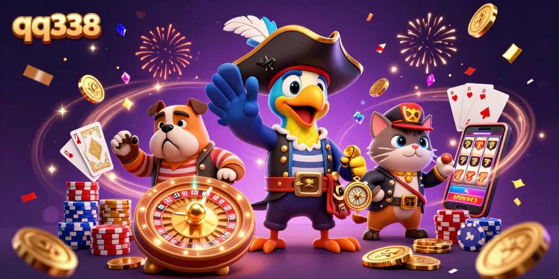 Experience the thrill of casino gameplay with qq338 featuring a pirate captain, bulldog, and cat in a vibrant casino scene.