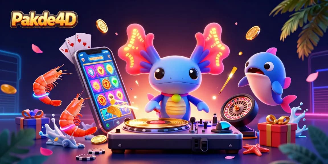 Pakde4D showcases an energetic scene with a vibrant axolotl DJ and dynamic gambling elements.