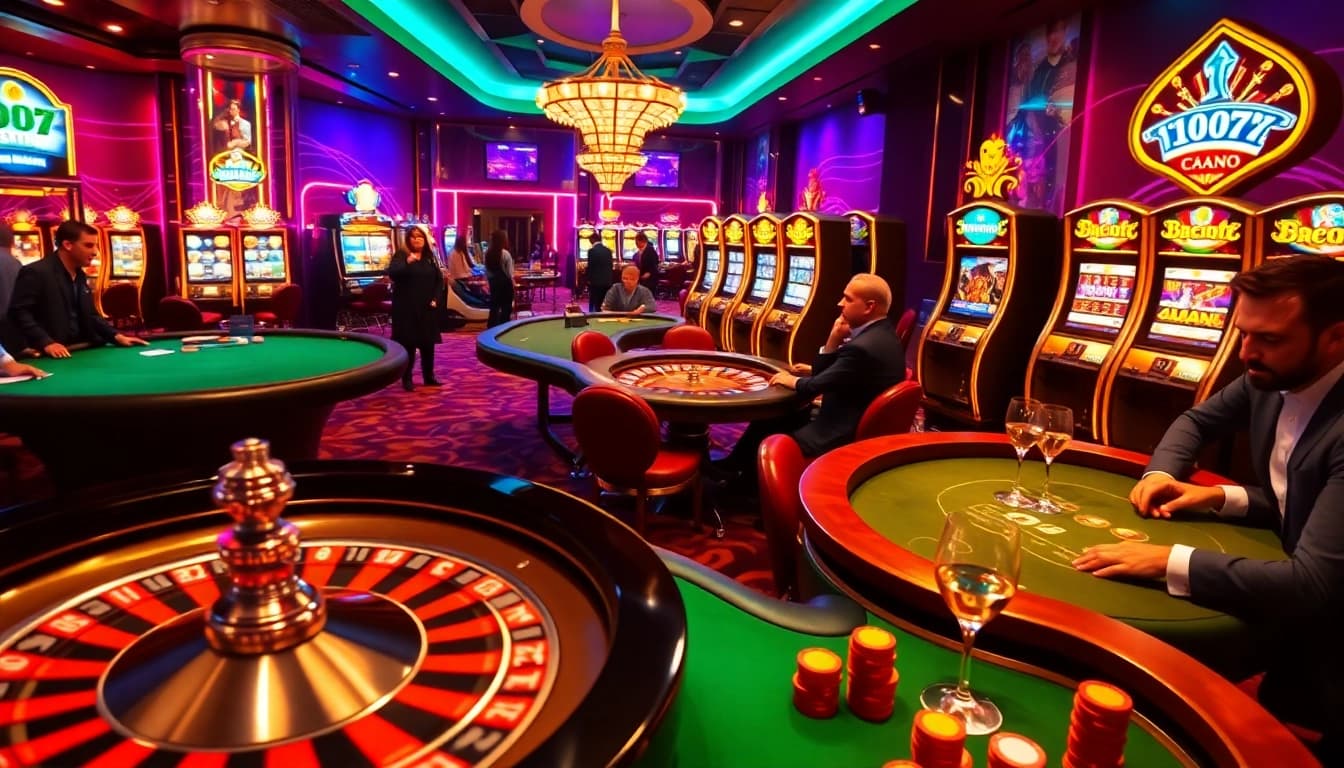 Découvrez l'excitation du meilleur casino en ligne France avec une roue de roulette dynamique, des joueurs enthousiastes et des tables de poker élégantes.