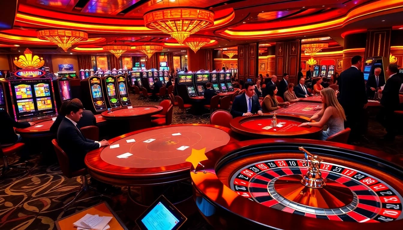 Une ambiance de casino animée mettant en avant le meilleur casino en ligne France avec des tables de jeux vibrantes et des joueurs engagés dans les paris.