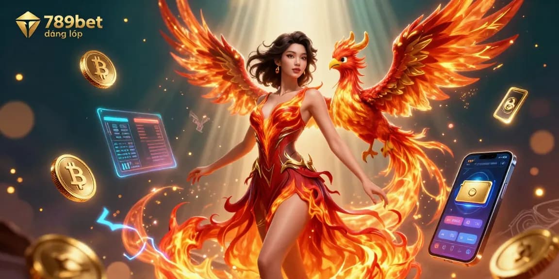 Experience the thrill of 789bet đăng nhập with a captivating illustration depicting an Asian woman in a flames-like gown, complemented by digital gaming elements.