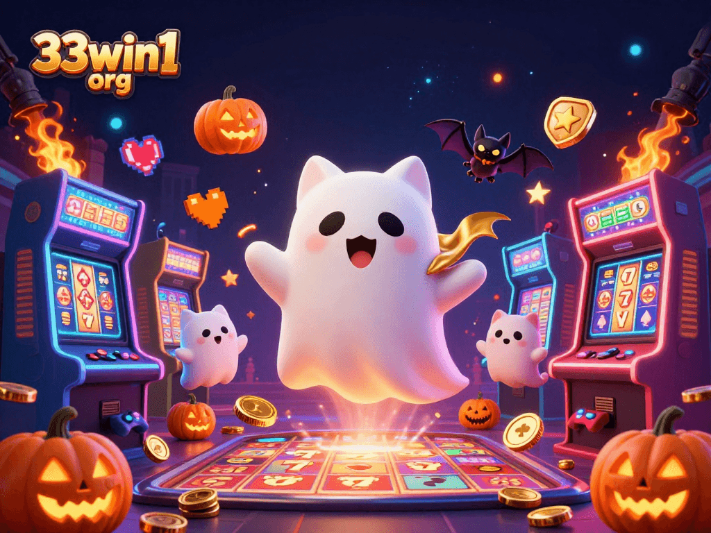 Engage with exciting games at 33win1 org featuring a ghost cat and casino elements lighting up the scene.