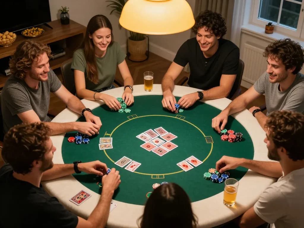 BUKA77 home poker night with friends enjoying Texas Hold'em and snacks.