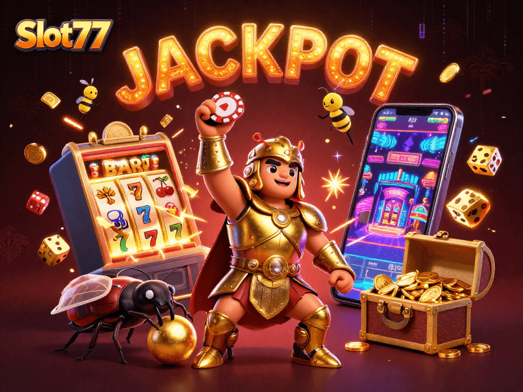 Slot77 mengangkat chip poker dengan kemeja emas, dikelilingi keberuntungan mesin slot dan harta karun.