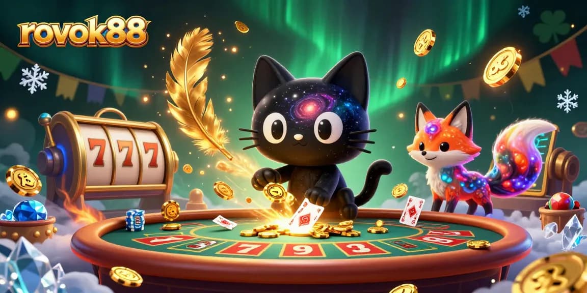 rokok88 engages players at a lively casino table with cosmic elements and golden chips