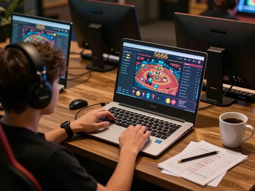 S666 player enjoying a dynamic online gaming session with a laptop on a stylish desk