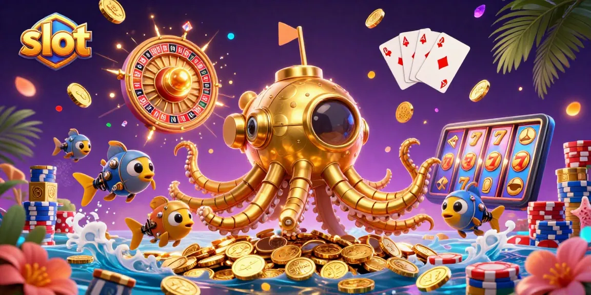 Experience thrilling slot gameplay with a 3D kraken submarine amidst cascading coins.