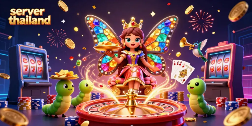 Engage with server thailand at this vibrant online casino scene featuring a butterfly queen, chips, and festive elements.