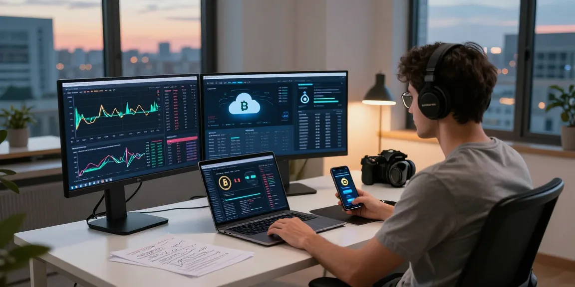 Cloud mining without hardware represented in a stylish trading workspace with crypto dashboards and market analysis tools