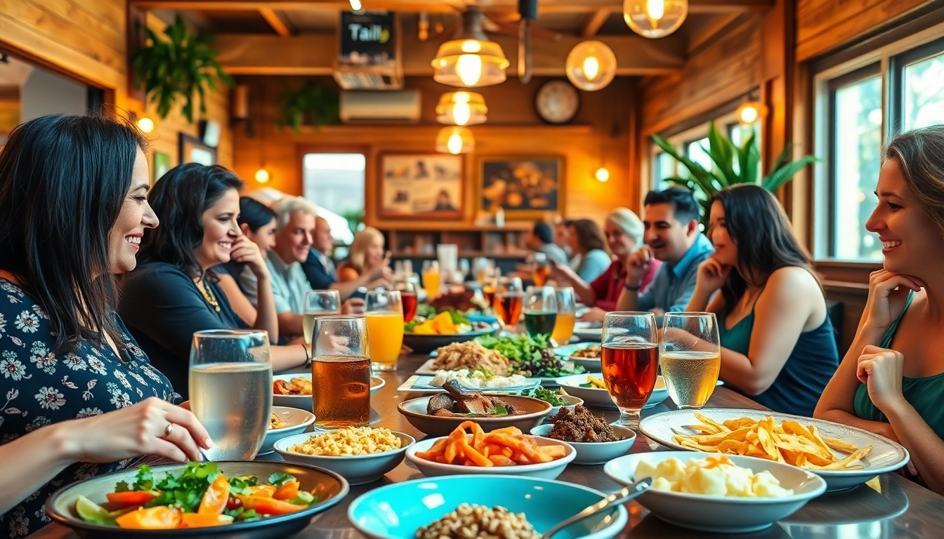 Enjoying Clarksburg ca restaurants with colorful dishes and happy diners in a lively restaurant atmosphere.