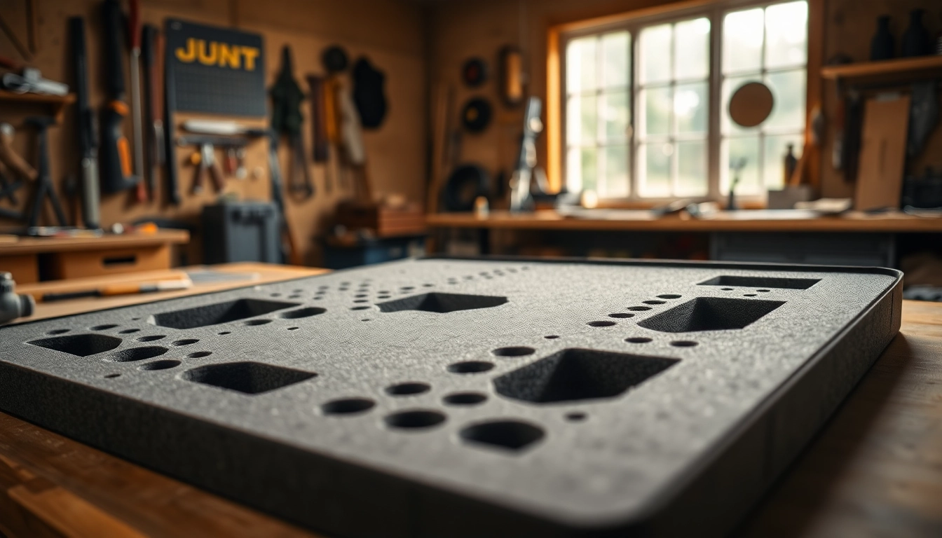 Customizable foam for rifle case with precise cutouts showcased in a workshop.