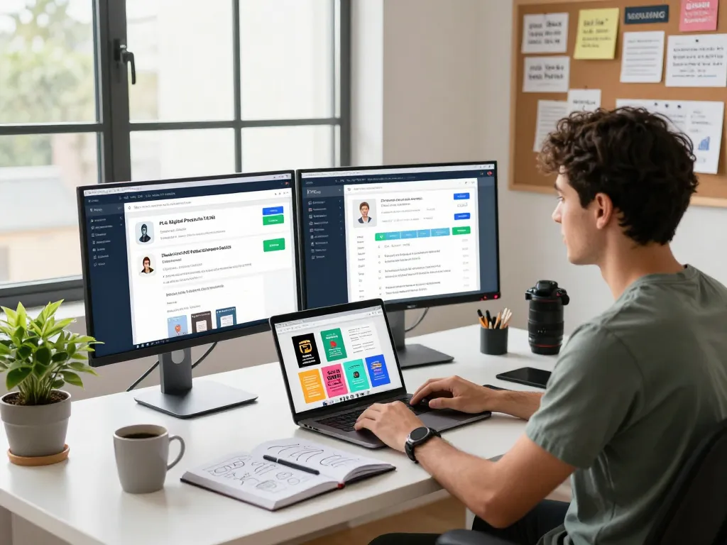 Engaged entrepreneur listing PLR Digital Products for Sale in a modern eCommerce workspace, showcasing vibrant displays and creative ambiance.