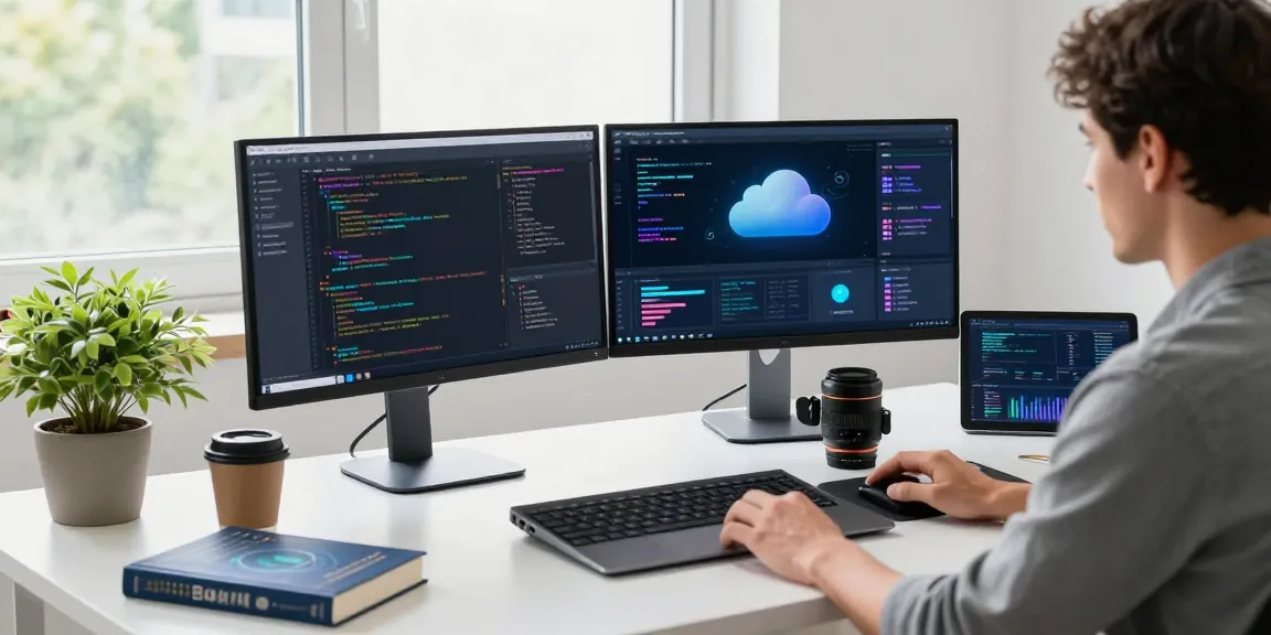 Developer working on cloud management at https://rokok88.cloud in a modern tech workspace with screens and gadgets.