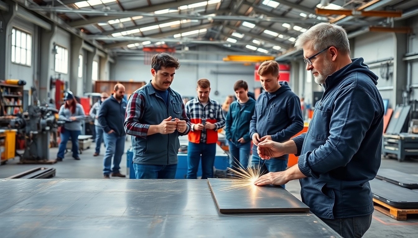 Students engaged in sheet metal training under expert guidance in a modern workshop.