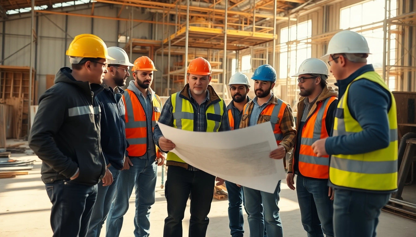 Construction association professionals collaborating on-site with blueprints and equipment.