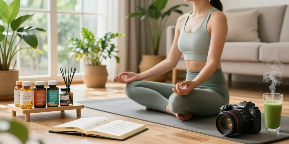Premium wellness supplements displayed in a serene home environment during a mindful meditation session.