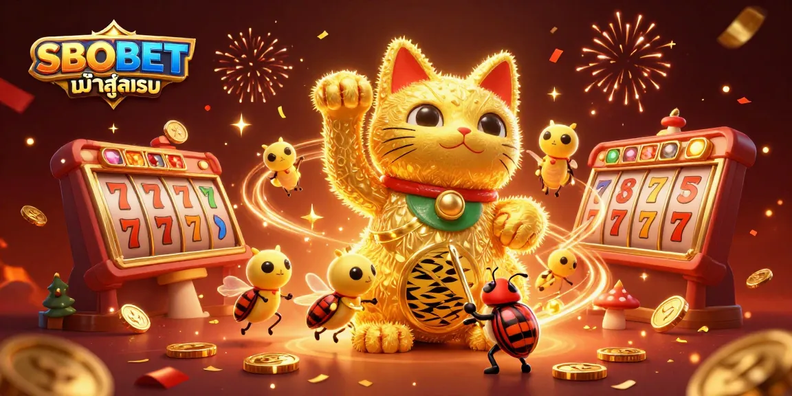Experience SBOBET เข้าสู่ระบบ with a vibrant 3D illustration featuring a lucky cat made of fireflies amidst casino symbols.